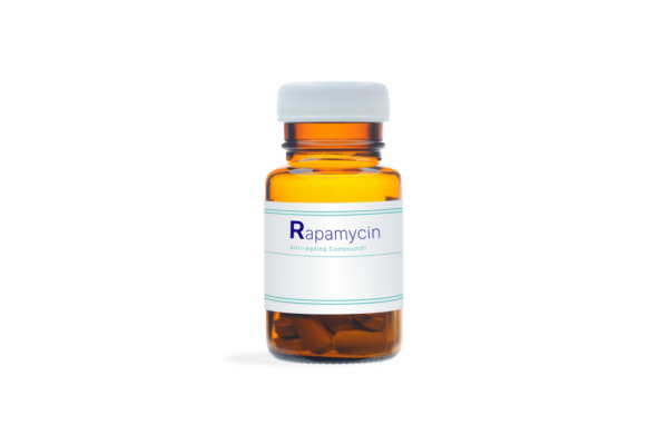 Amber glass bottle labeled "Rapamycin – Anti-aging compound?" containing capsules, representing the experimental use of Rapamycin (Sirolimus) as a longevity or anti-aging supplement.